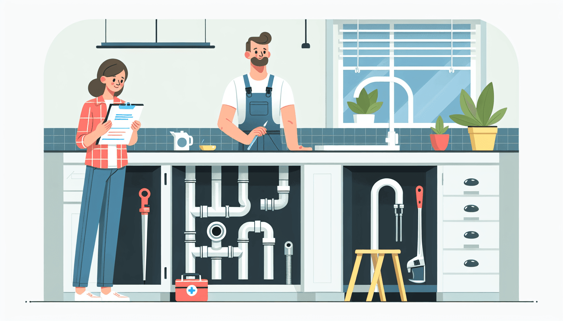 Illustration of a plumber inspecting pipes under a kitchen sink