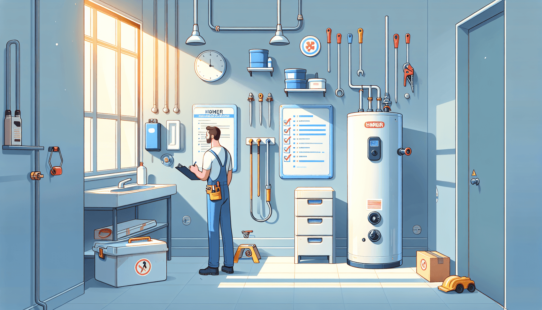 Plumber inspecting a residential water heater unit